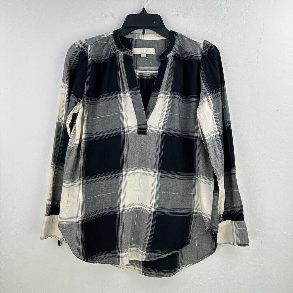 Loft Popover Top Womens S Petite Black Cream Plaid Metallic Threads‎ V-neck